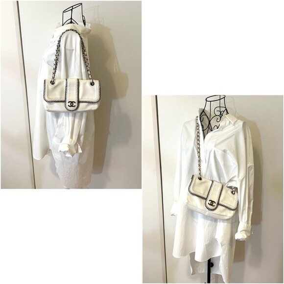 Authentic CHANEL CC Classic Madison Flap Bag Quilted Handbag Lambskin White - Picture 11 of 11